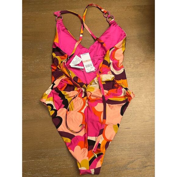 Trina Turk Women's Fan Faire One Piece Swimsuit Halter Plunge Size 12 - Picture 11 of 14